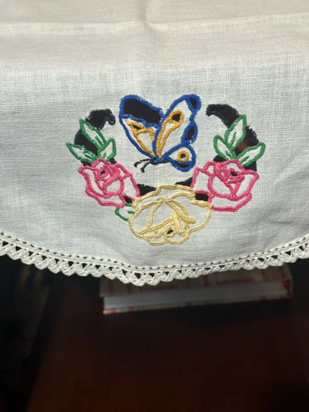 Vintage Embroidered Butterfly & Rose Table Runner -